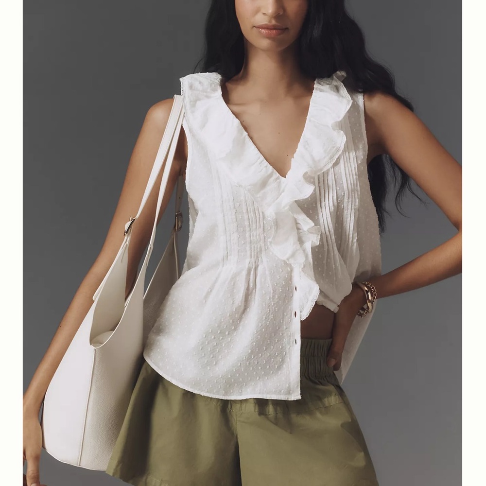 Anthropologie Women's White Swiss Pintuck Ruffle Sleeveless Blouse